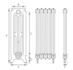 Carron Rococo 3 Column cast iron radiator section drawing showing dimensions A to F