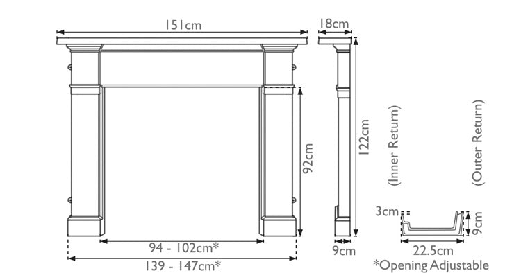 Carron Somerset cast iron fire surround dimension drawing