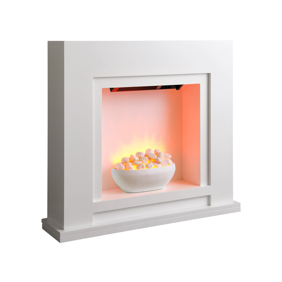 Sureflame Mondrian electric fireplace suite in white, angled view