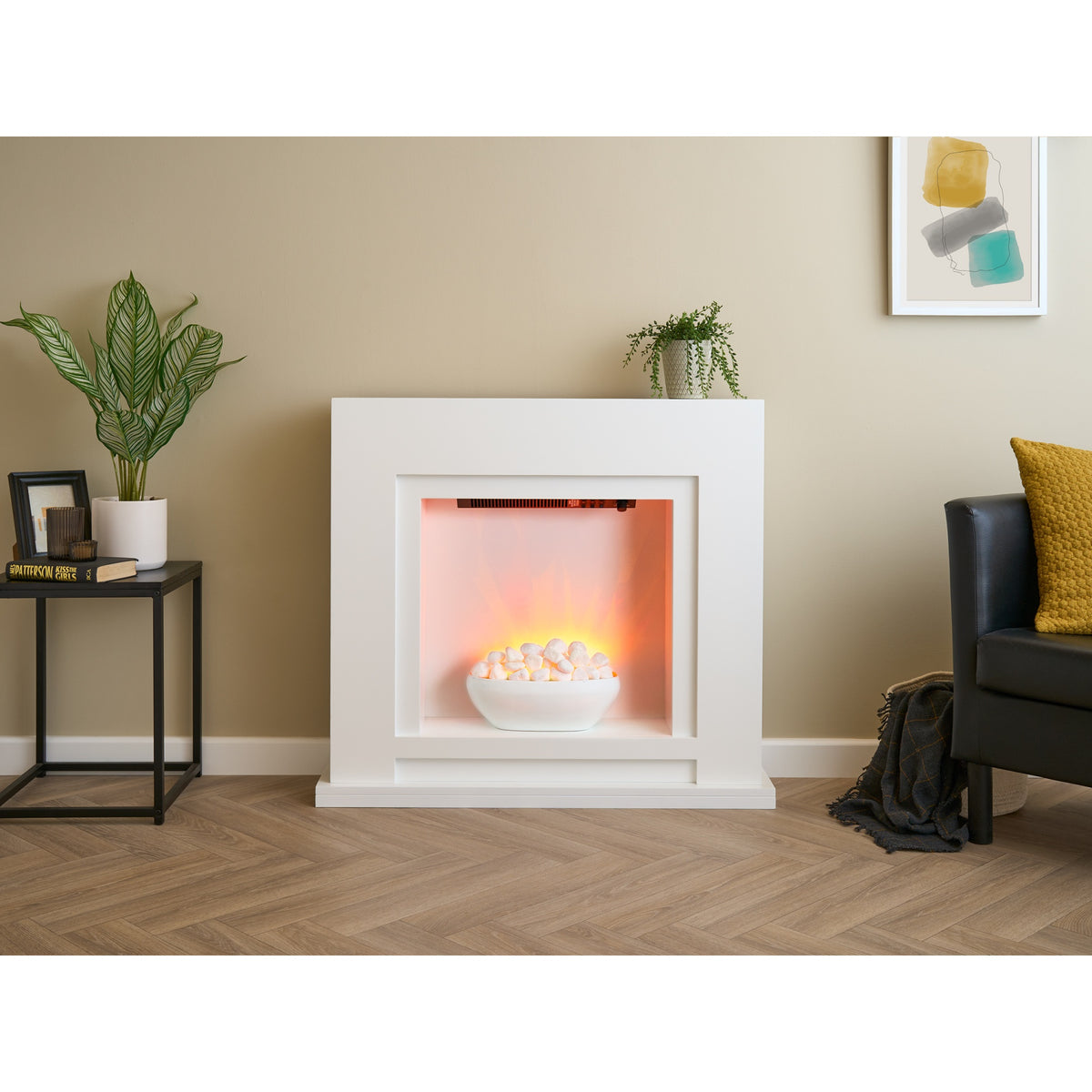 Sureflame Mondrian white electric fireplace suite in a living room