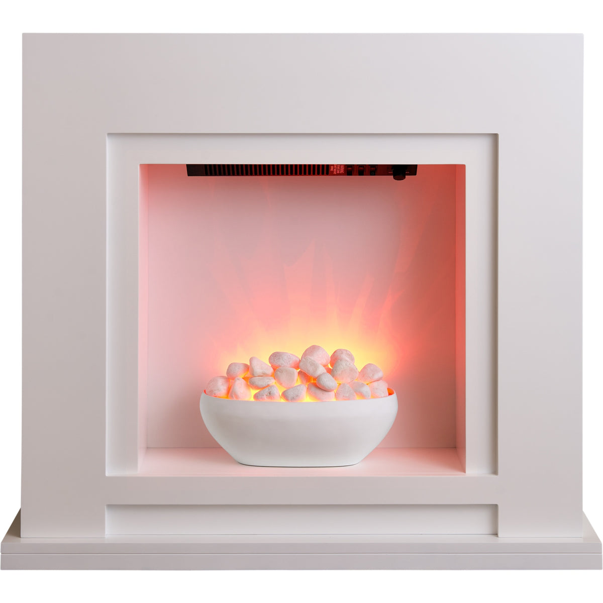 Sureflame Mondrian electric fireplace suite in white with the glow on, front view