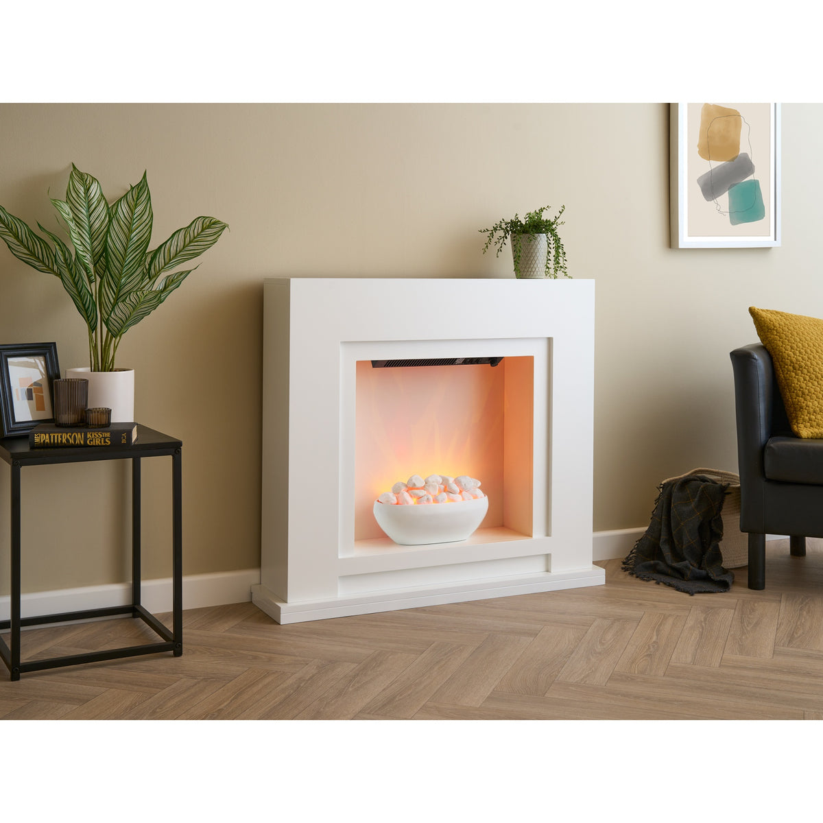 Sureflame Mondrian white electric fireplace suite in a living room, angled view