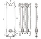 Carron Verona cast iron radiator section drawing showing dimensions A to F