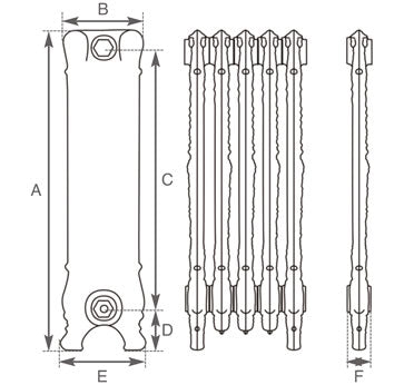 Carron Verona cast iron radiator section drawing showing dimensions A to F