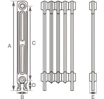 Carron Victorian 2 Column cast iron radiator section drawing showing dimensions A to E