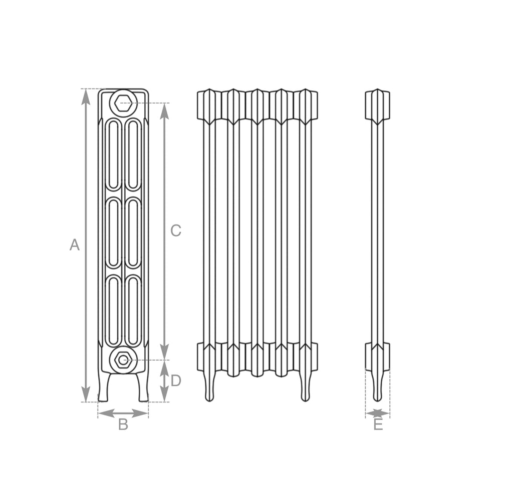 Carron Victorian 3 Column cast iron radiator section drawing showing dimensions A to E