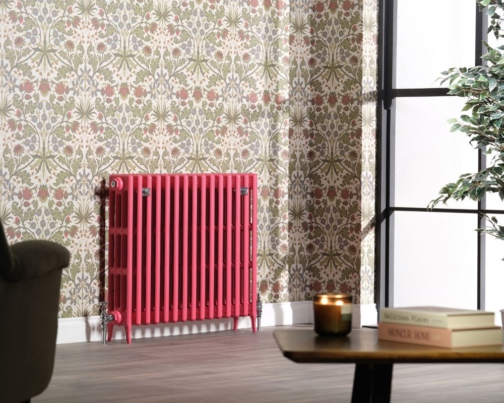 Carron Victorian 4 Column Low Level cast iron radiator, victorian Little Greene leather