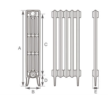 Carron Victorian 4 Column Low Level cast iron radiator section drawing showing dimensions A to E