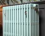 Carron Victorian 6 Column cast iron radiator, Farrow and Ball blue ground close up sections