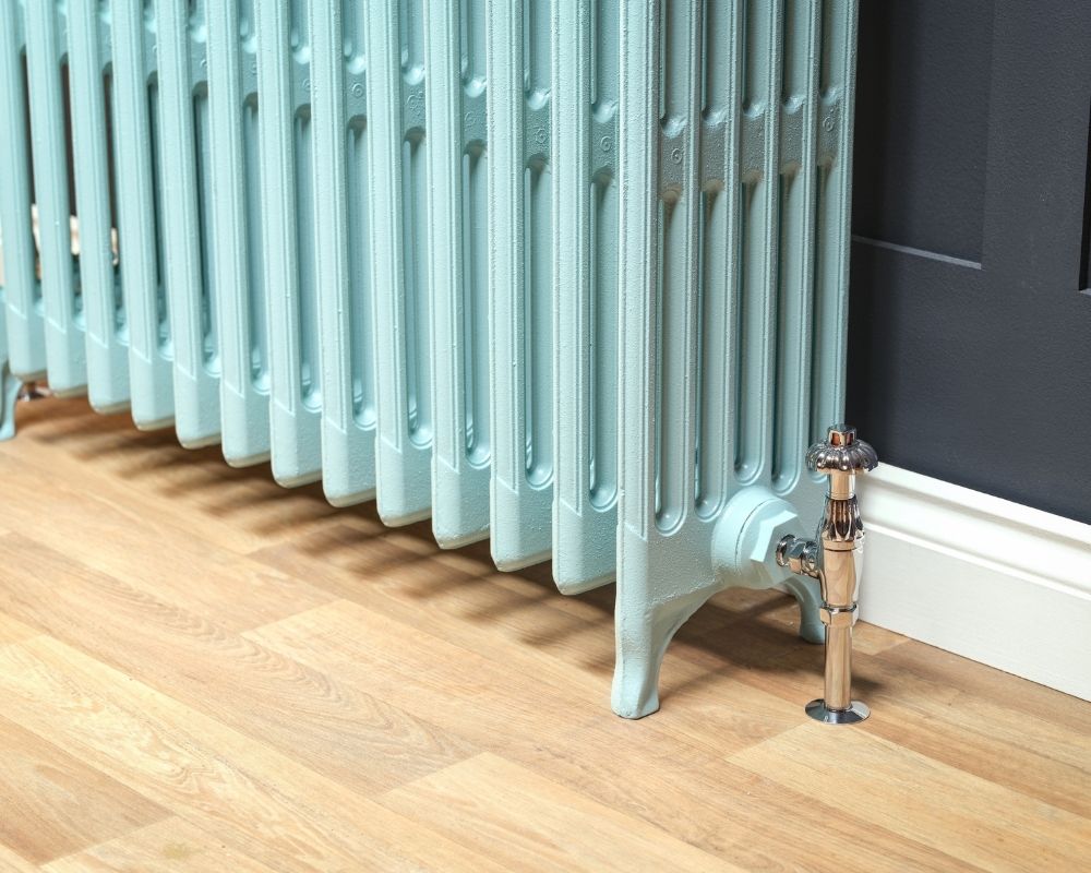 Carron Victorian 6 Column cast iron radiator, Farrow and Ball blue ground feet