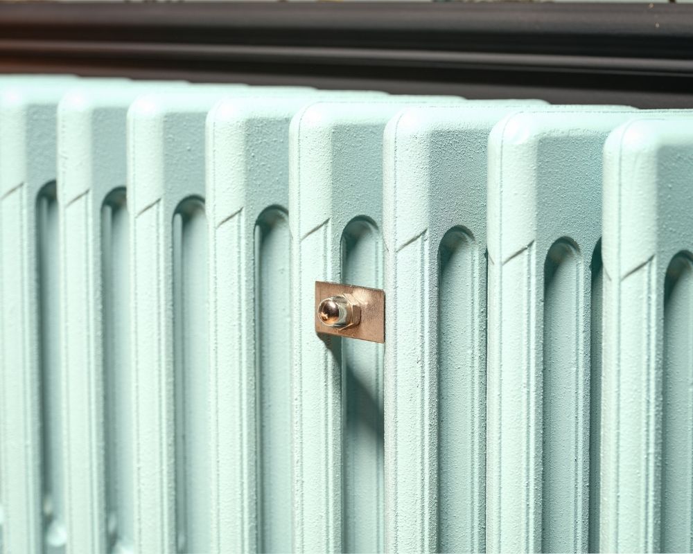 Carron Victorian 6 Column cast iron radiator, Farrow and Ball blue ground sections