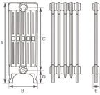 Carron Victorian 6 Column cast iron radiator section drawing showing dimensions A to E