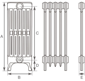 Carron Victorian 6 Column cast iron radiator section drawing showing dimensions A to E