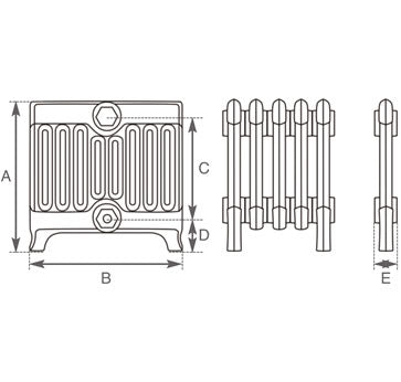 Carron Victorian 9 Column Low Level cast iron radiator section drawing showing dimensions A to E