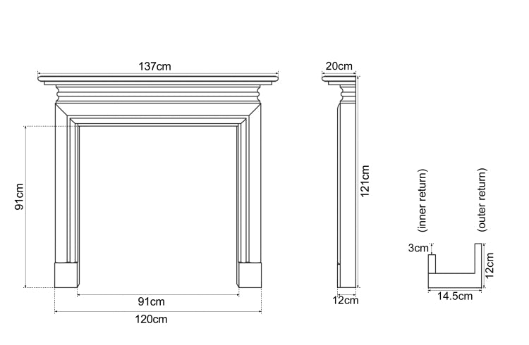 Carron Wessex wooden fire surround dimension drawing
