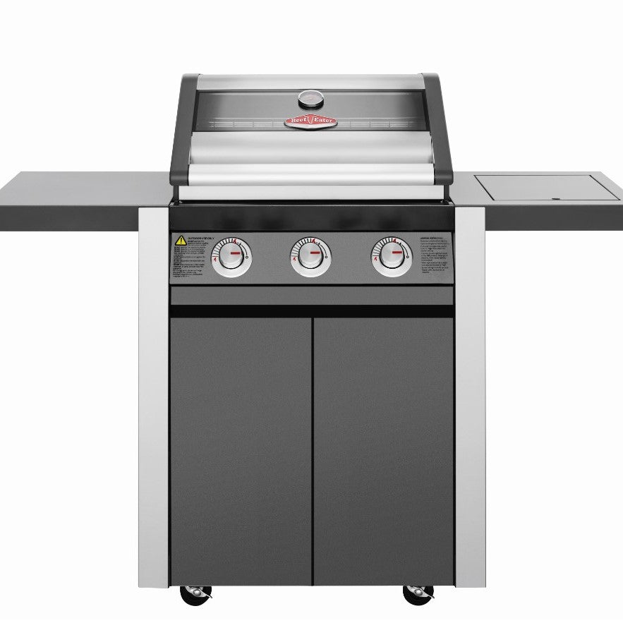 BeefEater Gas BBQ - 1600E (Dark Stainless) - 3 Burner, Trolley & Side Burner