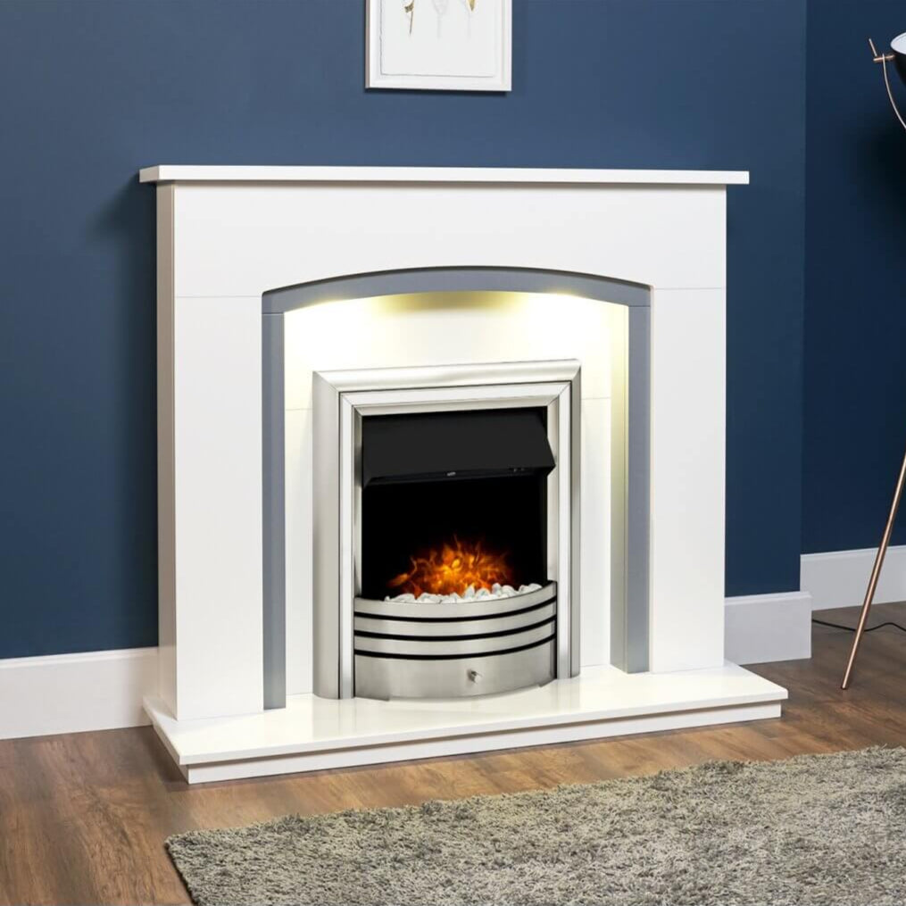 Adam Tuscany Fireplace in Pure White & Grey with Astralis Electric Fire in Chrome - Glowing Flames
