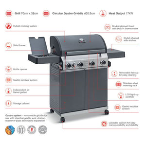Grillstream Classic 4 Burner with Side Burner Hybrid BBQ in Matt Grey - Glowing Flames