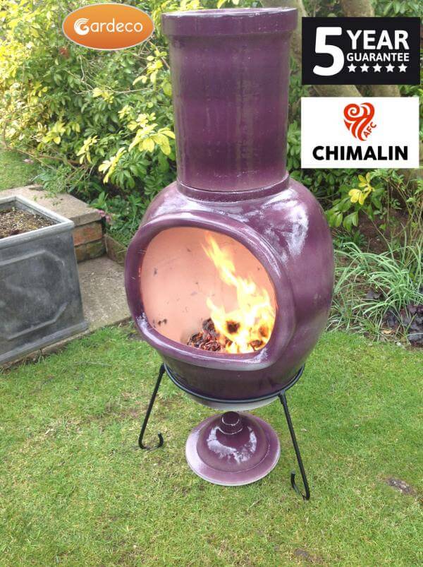 Asteria large Chimalin AFC chimenea in glazed purple, including lid & stand - Glowing Flames