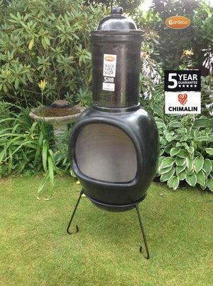 Asteria XL Chimalin AFC chimenea in glazed black, including lid & stand - Glowing Flames