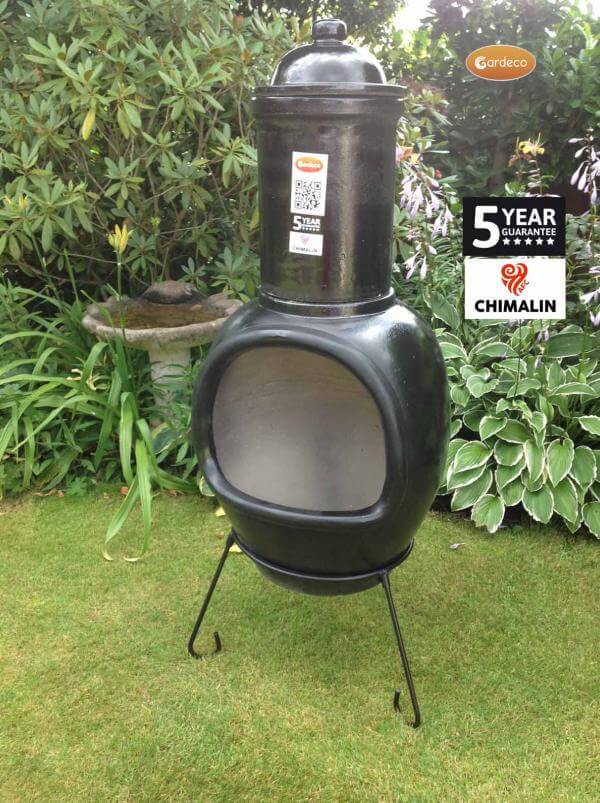 Asteria XL Chimalin AFC chimenea in glazed black, including lid & stand - Glowing Flames