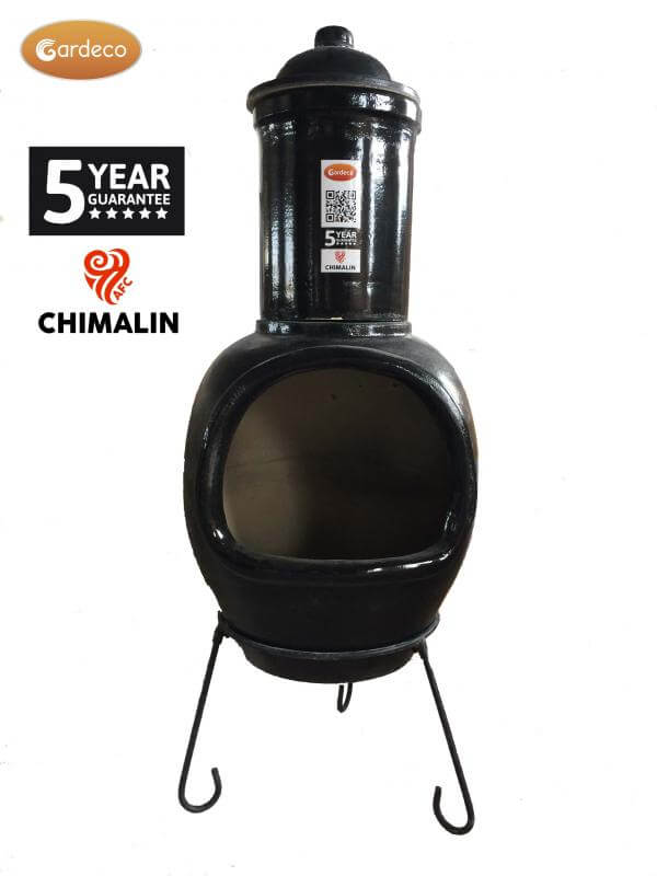Asteria XL Chimalin AFC chimenea in glazed black, including lid & stand - Glowing Flames