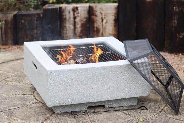 MGO Cubo Stone Effect Square Garden Fire Pit - Glowing Flames
